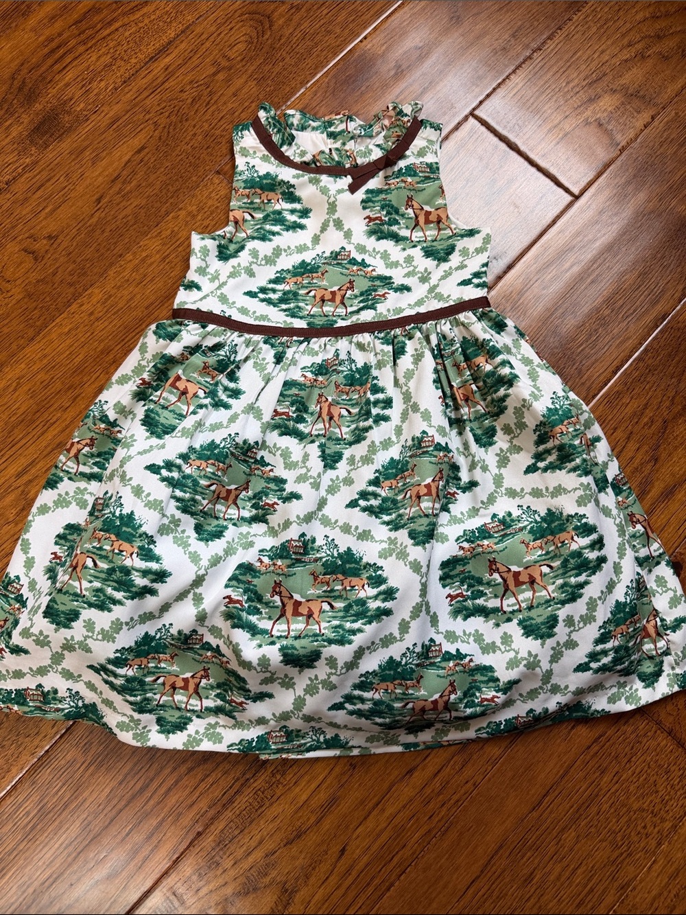 Classic Horse-Print Green and White Girls' Dress